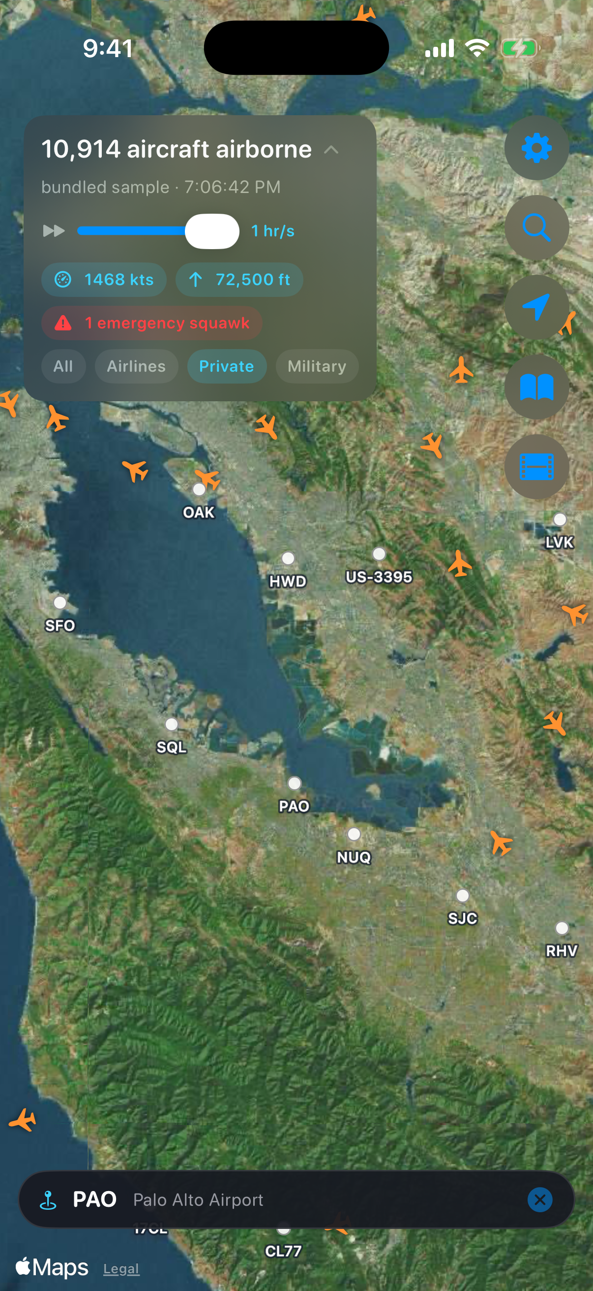 Flight Live satellite zoom over the San Francisco Bay with live planes and labeled airports